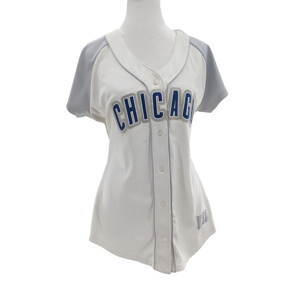 Chicago Cubs Majestic Baseball  Short Sleeve V-Neck White Gray Jersey Size Large - Picture 8 of 13